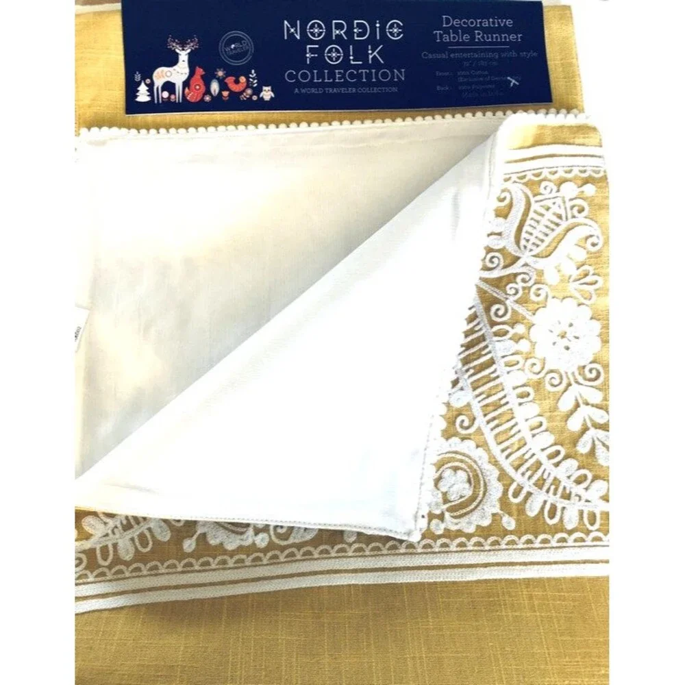 Nordic Folk Collection Embroidered Table Runner Yellow White 100% Cotton 72x14